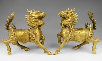 

Chinese Brass Copper Figurine Fengshui Kirin Unicorn kylin Chi Lin Statue Pair