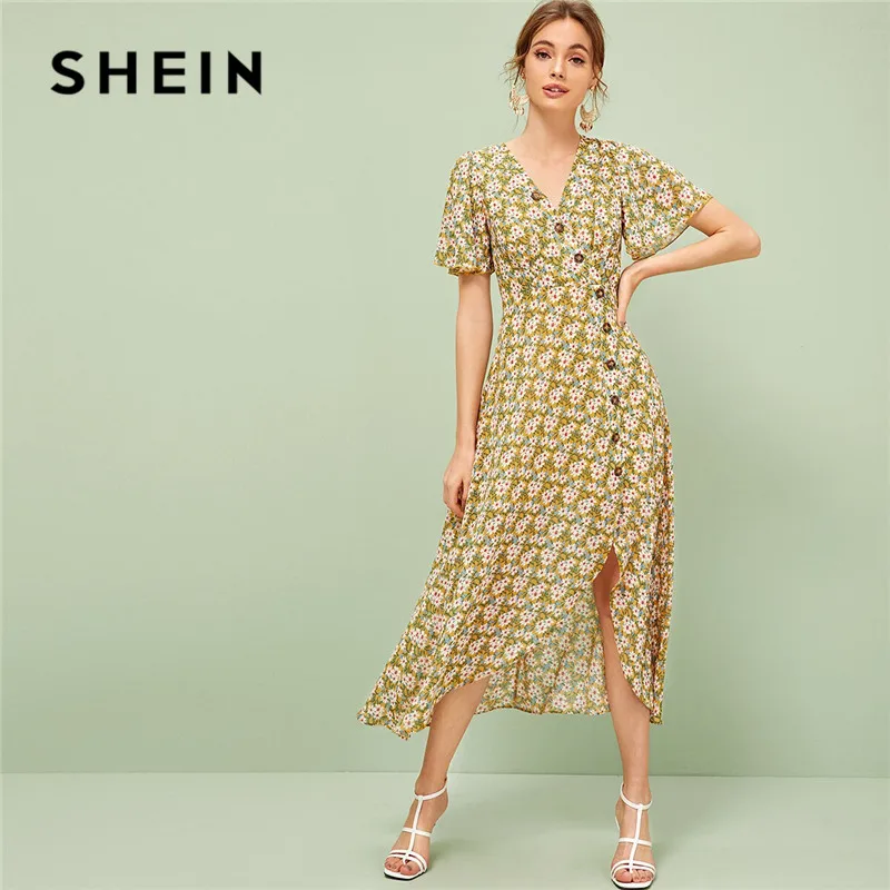 SHEIN Single Breasted Split Hem Daisy Print Tea Boho Dress Women V Neck ...