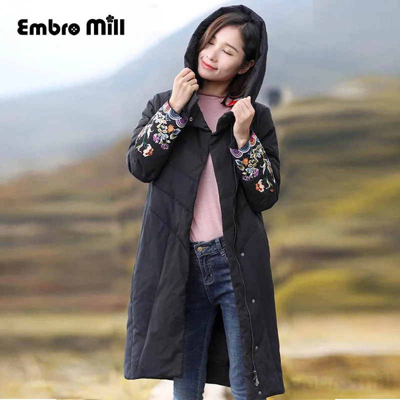 De Broderie Parkas Femmes Femelle D'hiver M Fleurs Canard Lady Royal Veste Blanc Lâche Bas Vintage Vers Le xl Duvet Floral Noir Manteau Zpw0qd