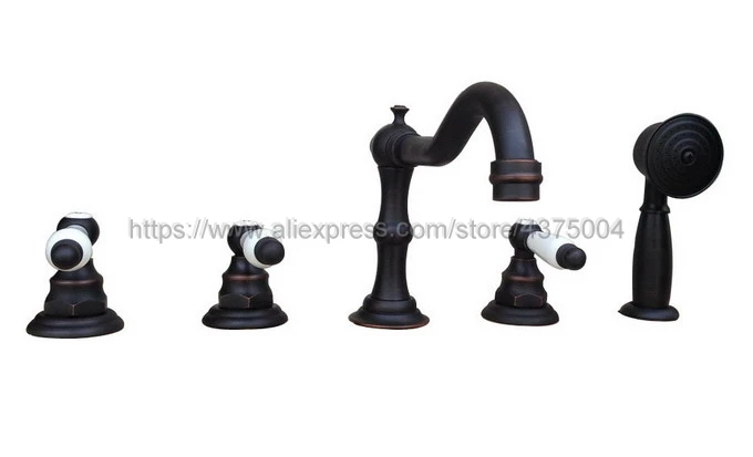 Widespread Oil Rubbed Bronze Bathroom Tub Faucet Deck Mounted W/ Hand Shower Sprayer 3 Handles 5 holes Ntf063