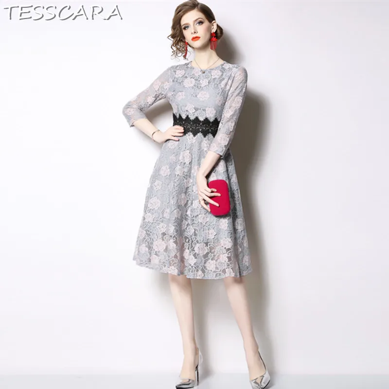 

TESSCARA Women Autumn Elegant Lace Dress Festa Female High Quality Vintage Designer Vestidos Casual Long Office Party Robe Femme