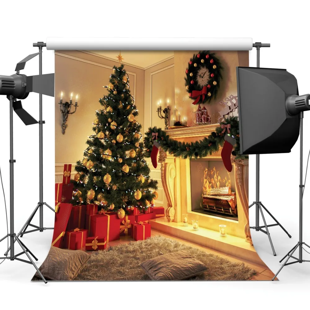 

Christmas Backdrop Indoor Fireplace Christmas Tree Gift Boxes Photography Backdrops 3D Vinyl Backgrounds for Photo Studio Party