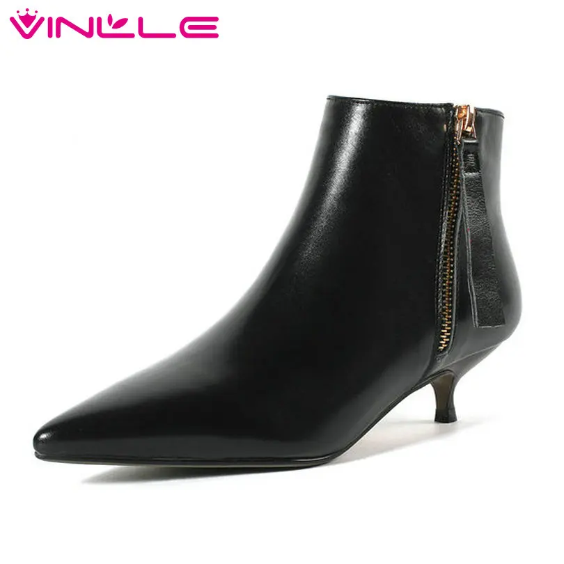 

VINLLE 2019 Women Shoes Ankle Boots Thin Med Heel Pointed Toe Genuine Leather+PU Black Zipper Ladies Motorcycle Shoes Size 34-43