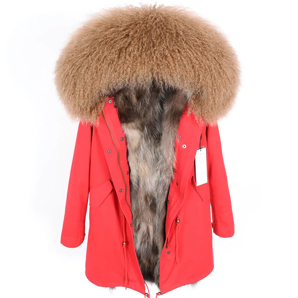 

2019 winter new style Natural Mongolian wool collar Jacket female long section Raccoon hair lining Parker jacket winte