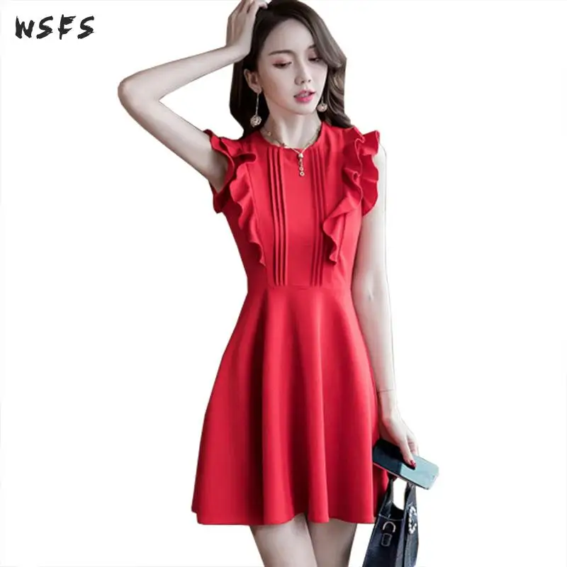 

Summer Dresses Red Black Oneck Tank Sleeveless Ruffles Womens Dress Office Ladies Elegant Slim Sexy Party Bandage Mini Sundress