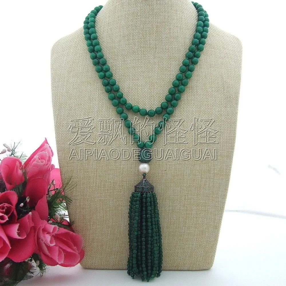 

Women's 41'' Green Faceted Stone White Pearl Fringle Necklace CZ Pave Pendant