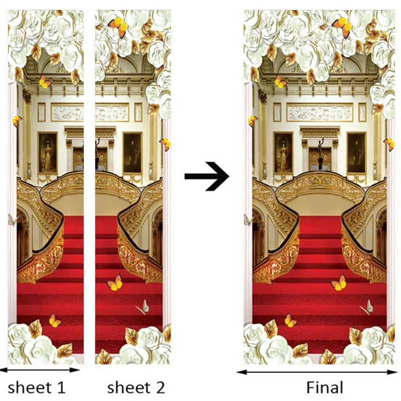 European Style Door Sticker 3D Stairs Red Carpet Wallpaper Living Room Hotel Home Decor Luxury Design Door Decals Wall Stickers