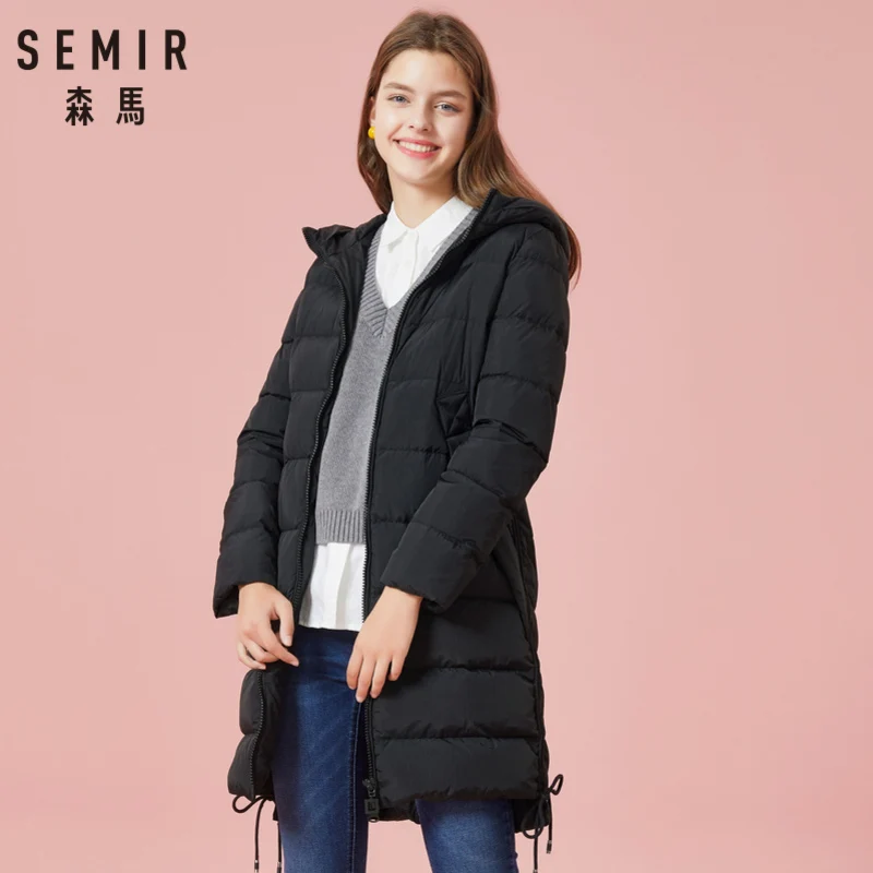 

SEMIR Women Quilted Long Down Hooded Coat with Zip Down Filling Puffer Coat with Zip Pocket Pompom at Hood Drawstring at Hem