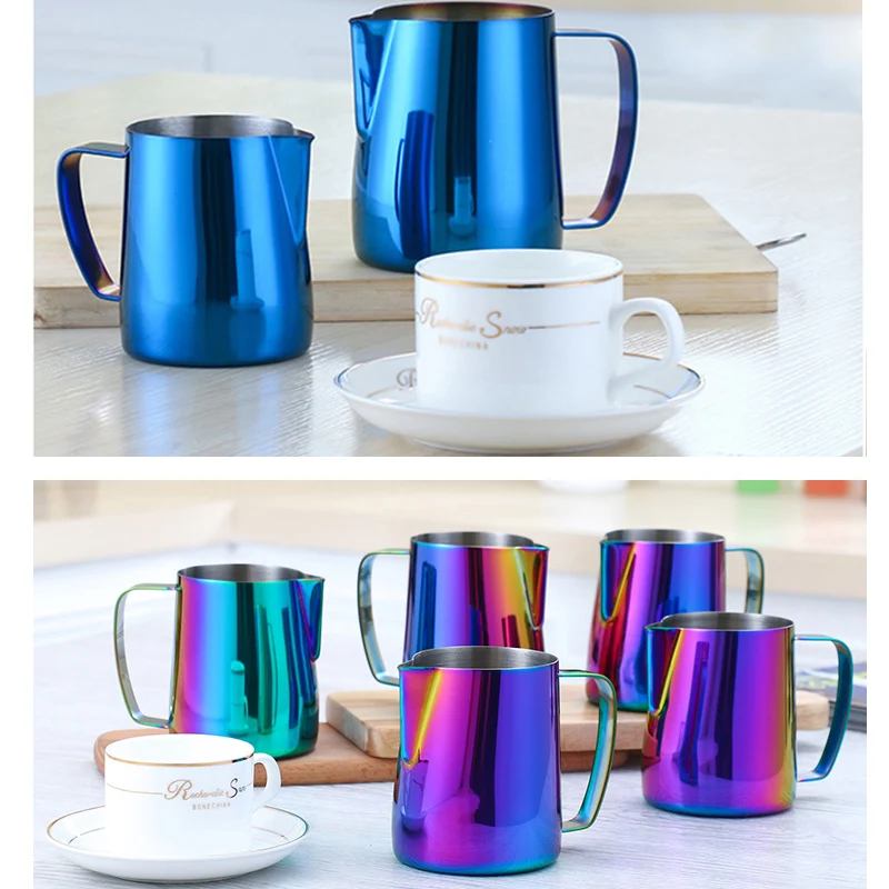 Koop Melk Opschuimen jug Espresso Koffie Pitcher Barista Craft Koffie Latte Melk Opschuimen Jug Rvs Kleurrijke Mok Opschuimen Jug