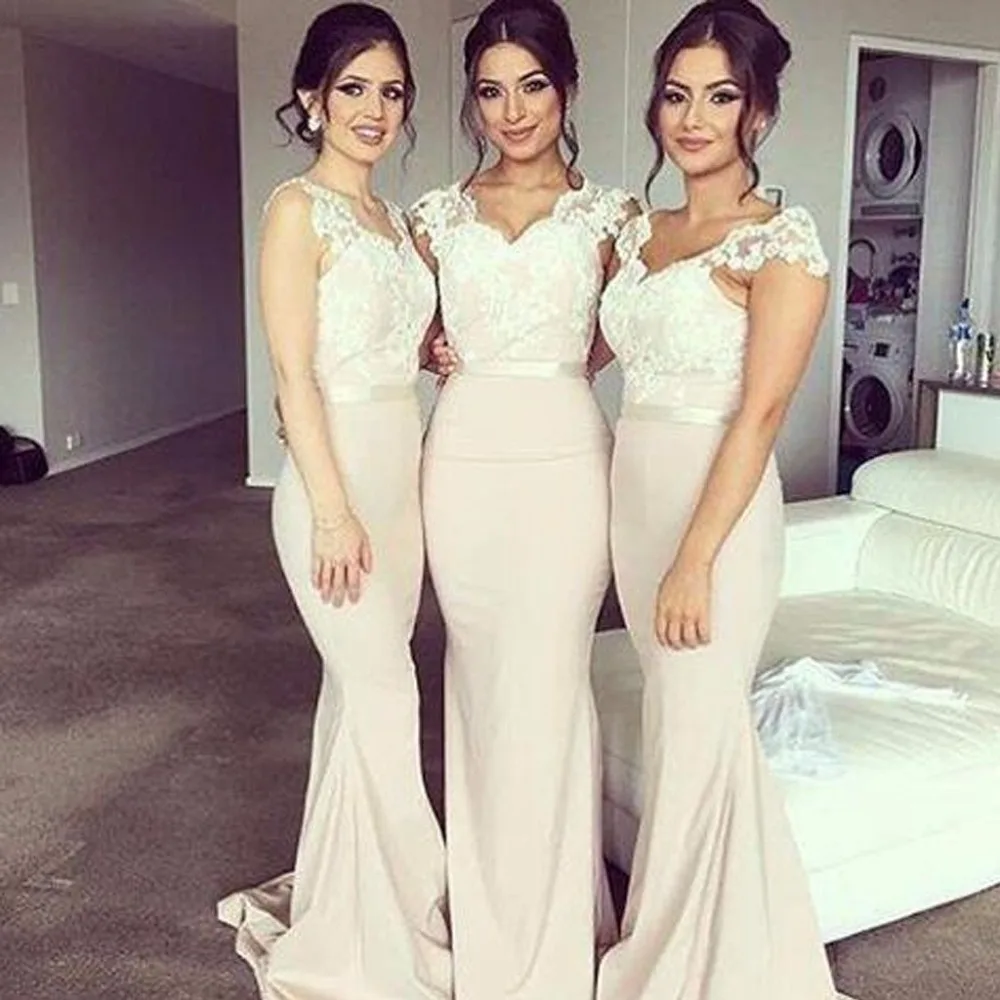 Champagne Mermaid Bridesmaid Dresses Long Cap Sleeves Beaded Lace