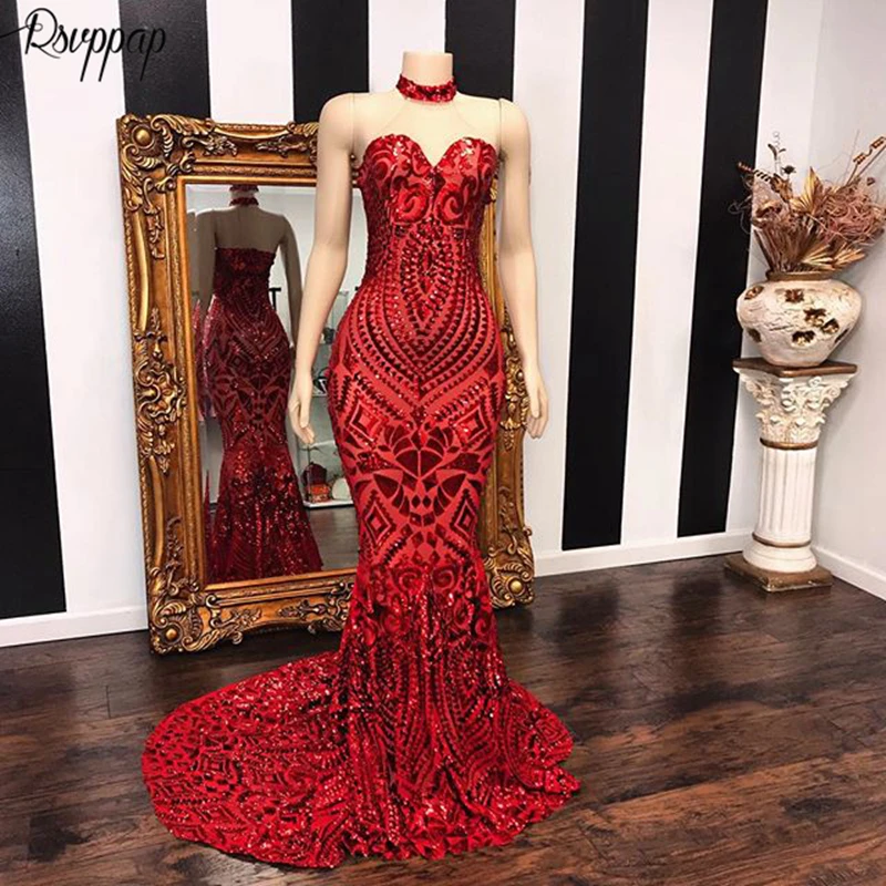 

Long Elegant Red Mermaid Prom Dresses 2019 Sweetheart Graduation African Women Black Girl Sequin Prom Dress Custom Made