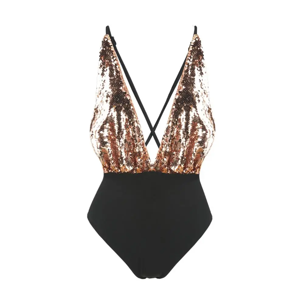 

MINSUNDA Golden Deep V Neck Sequined Bodysuit Women Blouse Criss Cross Back Sleeveless Patchwork Rompers Ladies Sexy Bodysuit