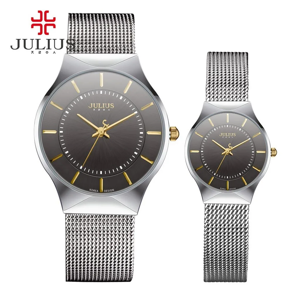JULIUS JA-577 Пара Lover серебристый черный Ультра тонкая сетка нержавеющая сталь кварцевые аналоговые водонепроницаемые Модные Повседневные роскошные часы