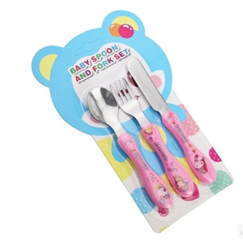 3Pcs/Set Portable Cute Cartoon Baby Stainless Steel Cutter Fork Spoon Cutlery Children Tableware 669