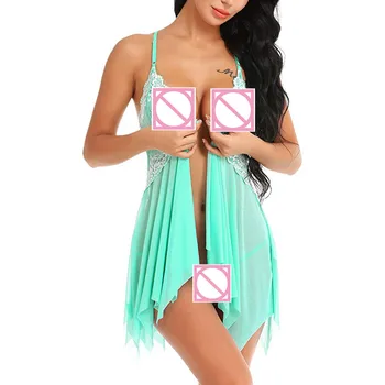 

Feitong Lingerie for Women Front Closure Babydoll Lace V Neck Mesh Sleepwear Lingerie Plus Size Home Dress chemise de nuit femme