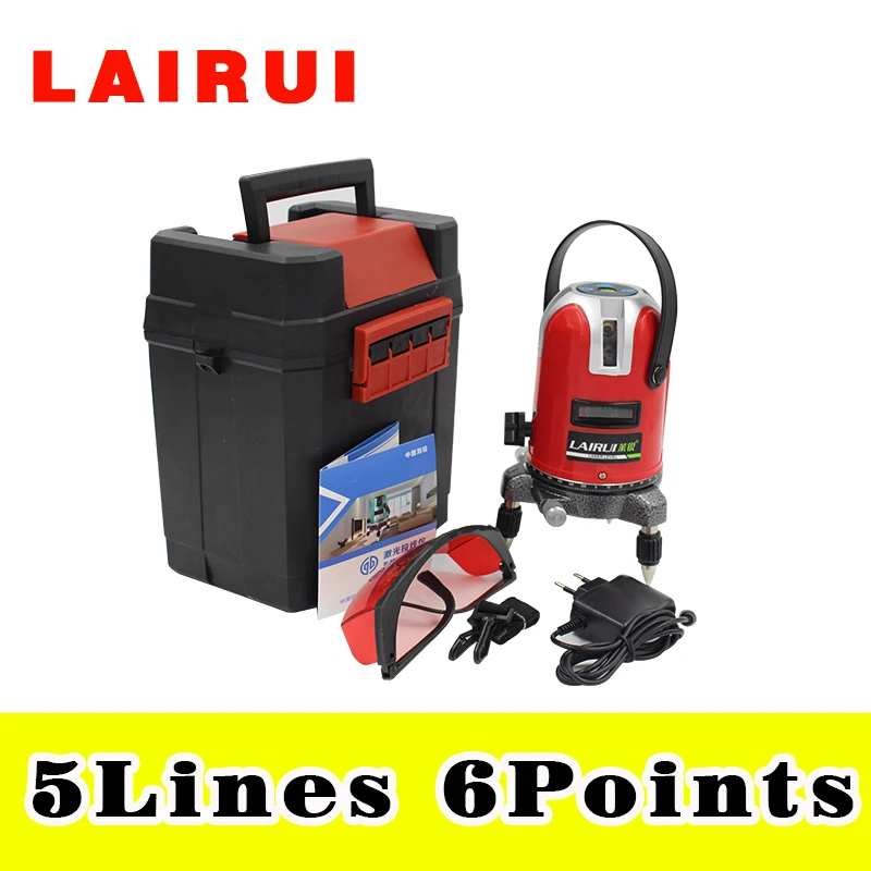 Лазерный уровень Lairui с 5 линиями и 6 точками вращающийся на 360 градусов