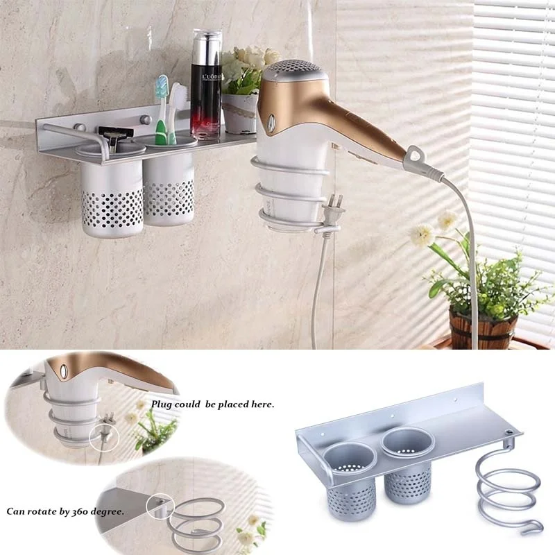 

Bathroom Metal Hair Dryer Shelf Wall Mounted Toothbrush Rack Holder +2 Cups