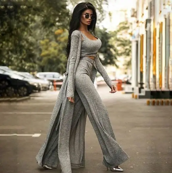 

3 Pieces Set Fashion Women Long Sleeve Knitwear Long Split Cardigan Jacket Wide Leg Trousers Casual Suit