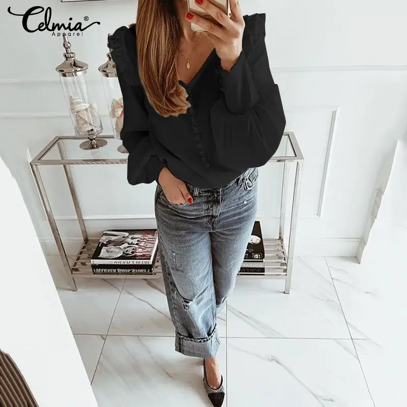 Autumn Women Shirts Blouses 2019 Celmia Sexy V Neck Long Sleeve Casual Solid Ruffled Tunic Top Button Plus Size Blusas Femininas - 33046357946