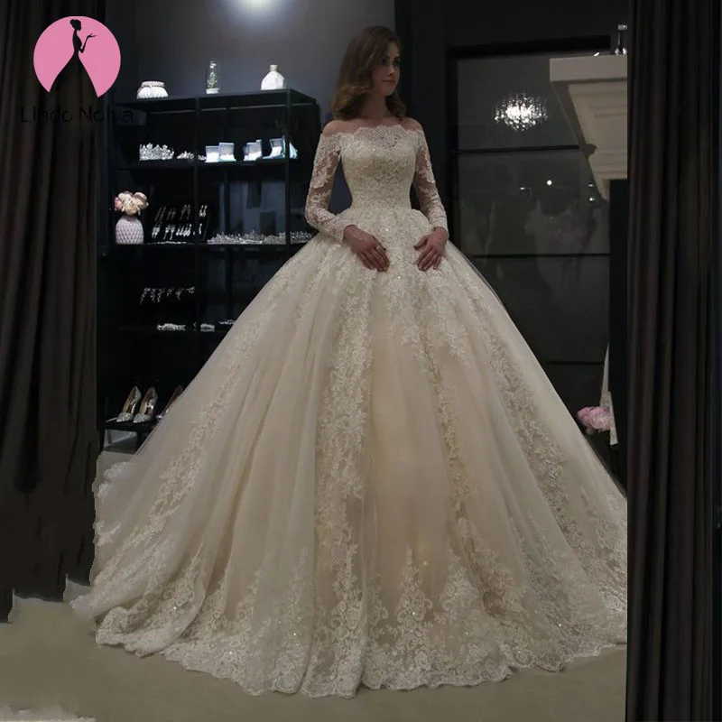 Luxury Princess Robe De Mariage 2019 Long Sleeves Lace Ball Gown Wedding Dress Custom Made Off The Shoulder Vestido de Noiva | Свадьбы и