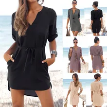 Plus Size Loose Casual Beach Dress Women Solid Three Quarter Sleeve Summer Dress 2019 New Fashion V-Neck Chiffon Vestidos Female
