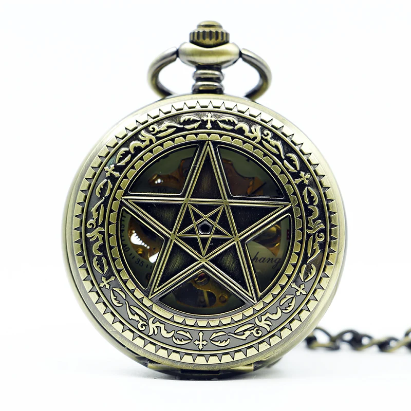 

Retro Hollow Five-pointed Stars Vintage Lucky Star Bronze Necklace Skeleton Mechanical Pocket Watch Gift PJX1264