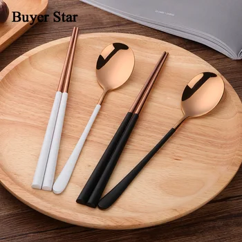 

Rose Gold Cutlery Set Stainless Steel Tableware Korean Chop sticks Reusable Scoop Sushi Flat Restaurant Kitchen Dinnerware Set