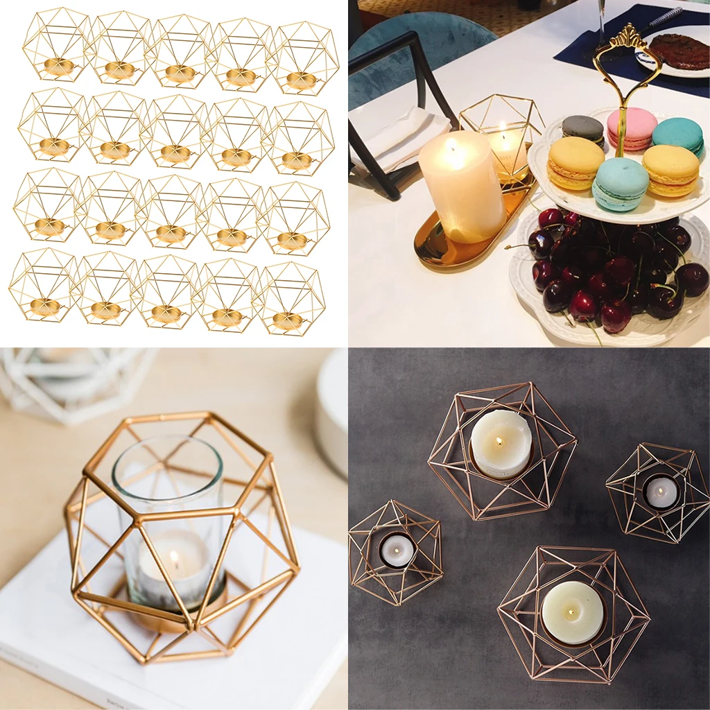 20pcs Iron Wire 3D Geometric Candle Tea Light Holder Home Decor Party Supplies for Wedding Christmas New Year Events