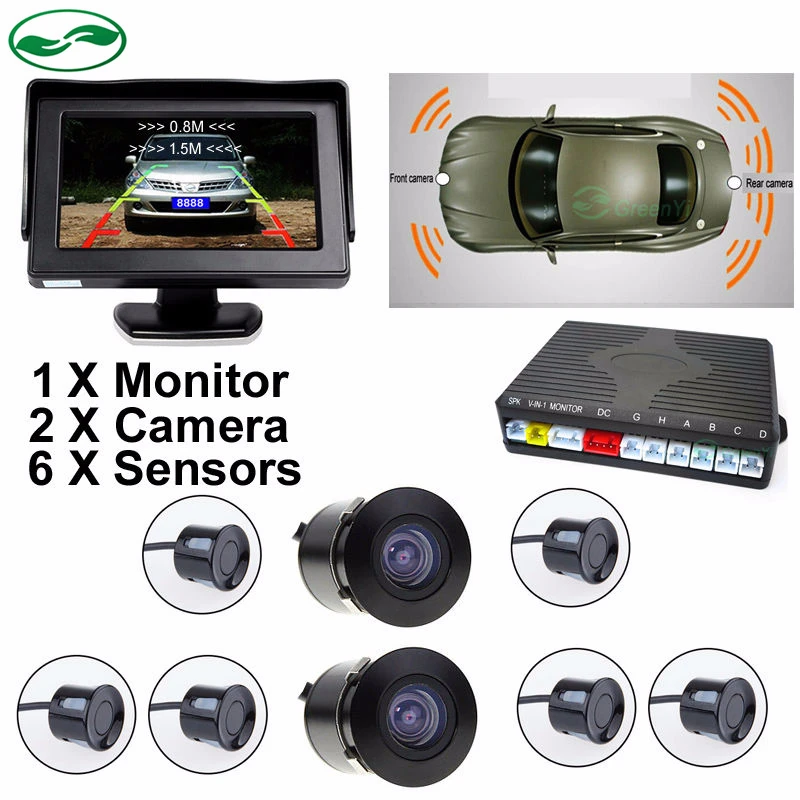 

GreenYi 2018 New Dual Channel Car Video Parking 6 Sensor Monitor with Front View Camera and Rear view Camera + 4.3" Car Monitor