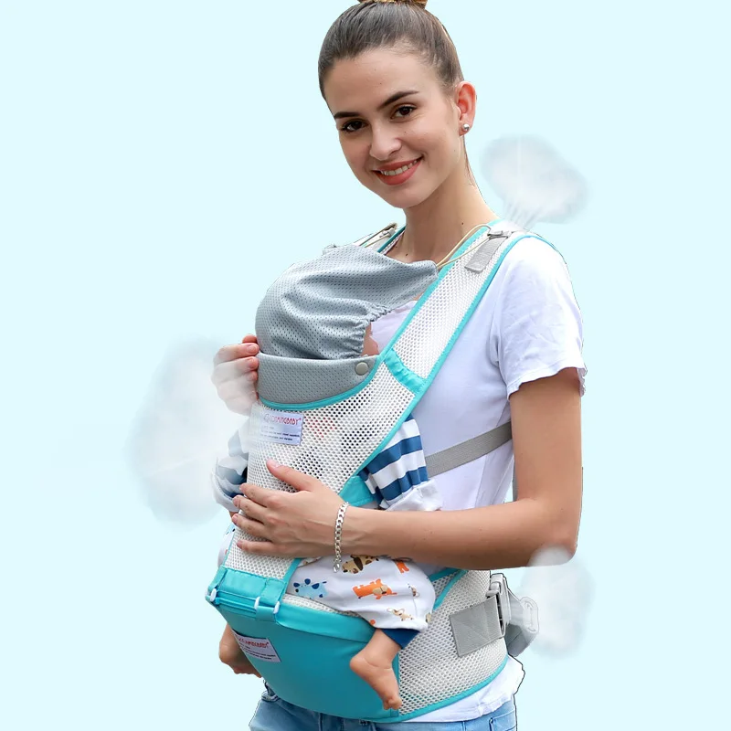 Summer Breathable Mesh Ergonomic Hipseat Baby Carrier Backpack Kangaroo Baby Sling Waist Stool Wrap Hip Seat for 0-36 Month 20kg - Color: Sky blue