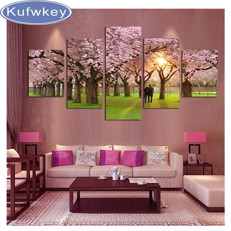 

5pcs/set full Diamond Painting Cross Stitch 5d diamond Embroidery romantic wall art tree picture canvas painting Cherry blossoms