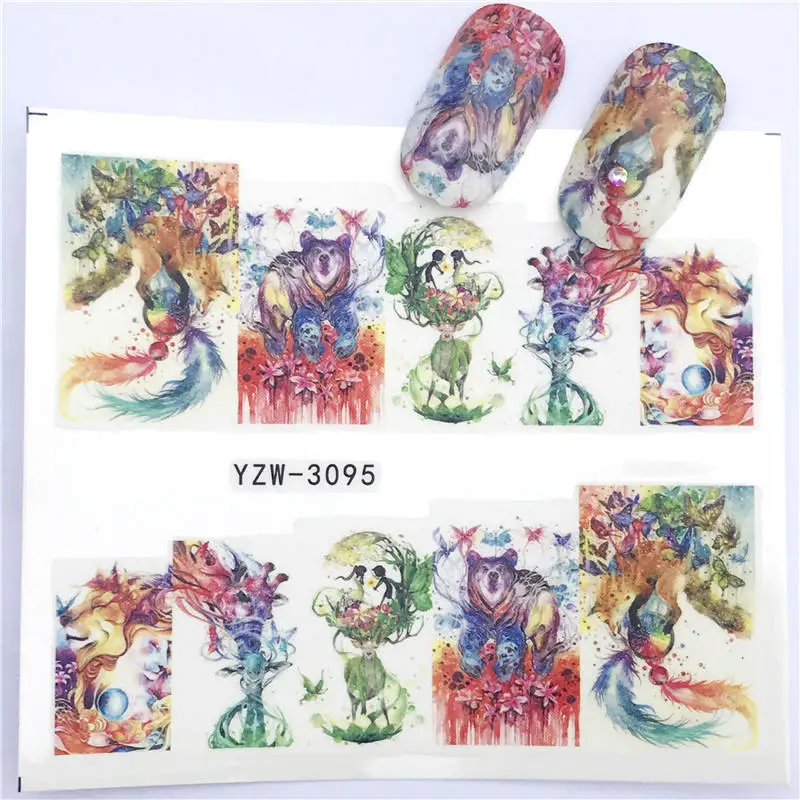 

FWC 1 PC Butterfly Mermaid Tiger Bear Flower Beauty Water Transfer Stamping Nail Art Tips Nail Decor Manicure Decal