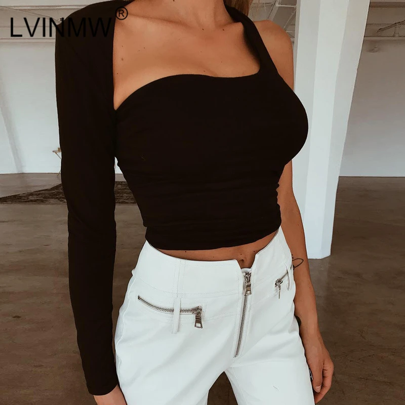

LVINMW Sexy One Shoulder Cotton Backless Crop Tops Women Black Long Sleeve Stretchy Bodycon T Shirt Tees Party Club T-Shirt