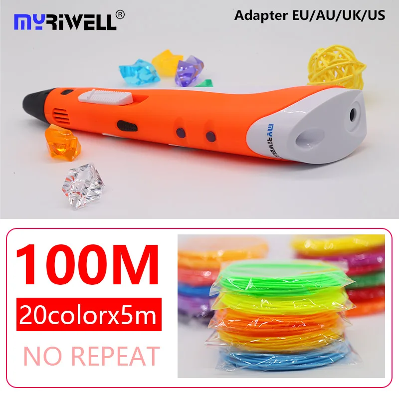Myriwell 3d Ручка abs 1,75 мм нить 3d печатная ручка 3 d Ручка diy живопись инструменты умная 3D печать Ручка-паяльник с нитью 100 м - Цвет: orangeA20x5