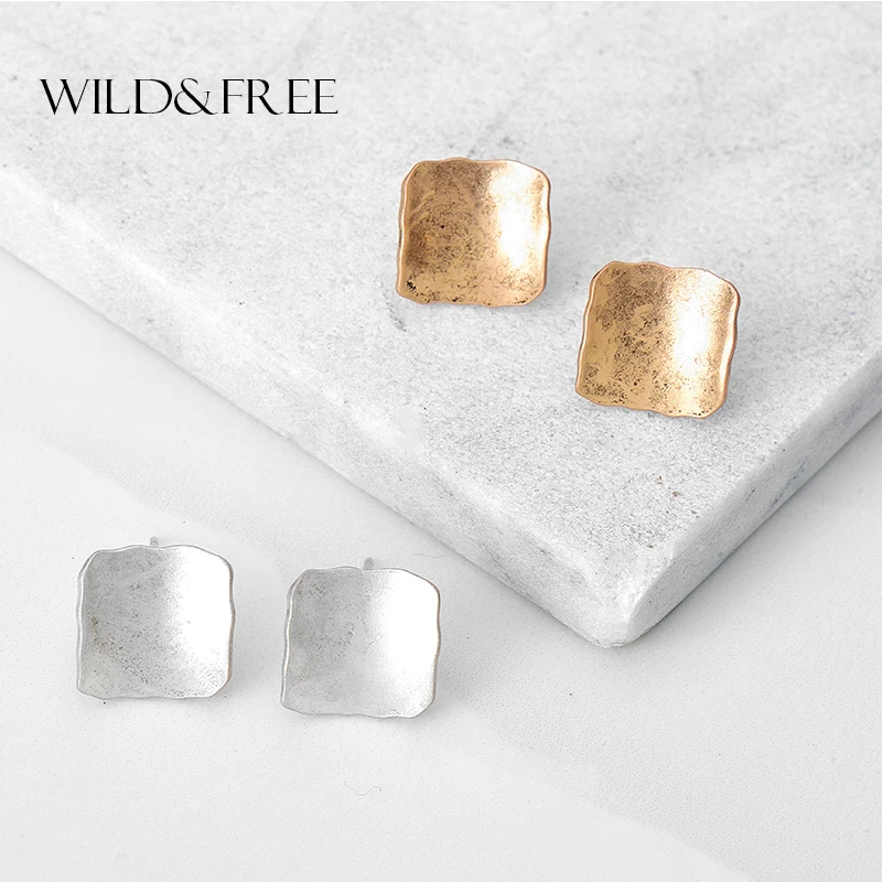

Women Antique Gold Silver Square Stud Earrings Vintage Zinc Alloy Simple Geometric Stud Earrings Jewelry Female Gift