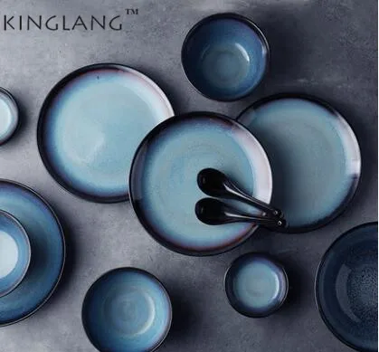 Kinglang керамическая пигментная Ретро круглая тарелка для риса, мяса, фруктов, набор бытовой посуды