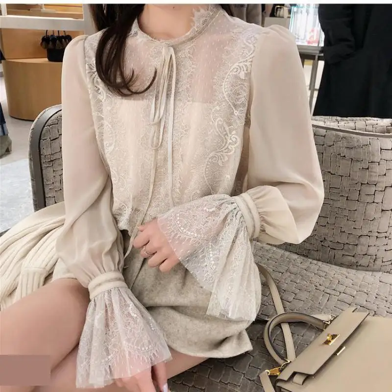  2020 Spring New Arrival Fairy Blusa Feminina Chiffon Shirt Bottoming Flare Sleeve Lace Blouse Sling