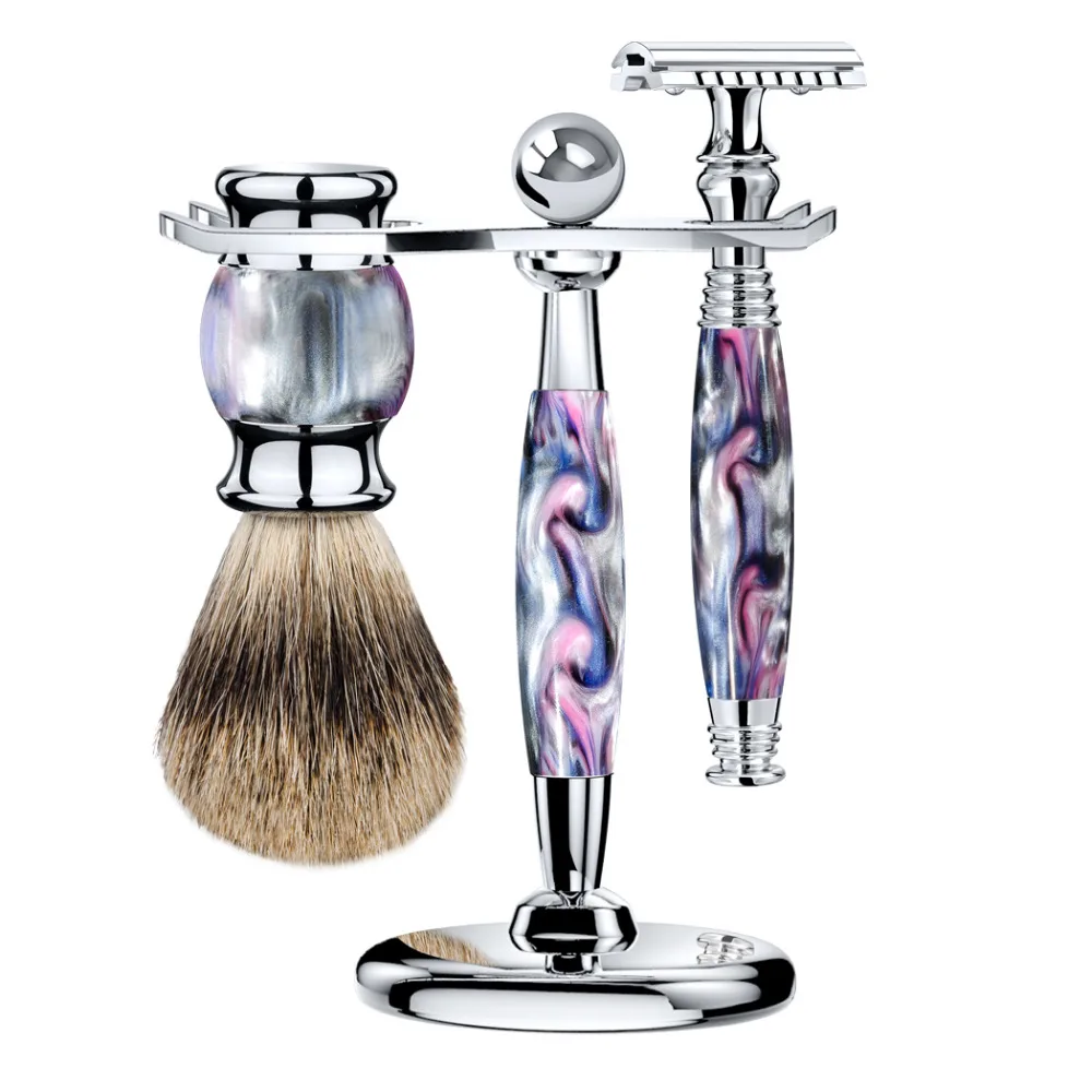 

ZY Manual Double Edge Shaving Safety Razors For Man Long Handle+ Best Badger Shaving Brush+Alloy Stand Holder Set
