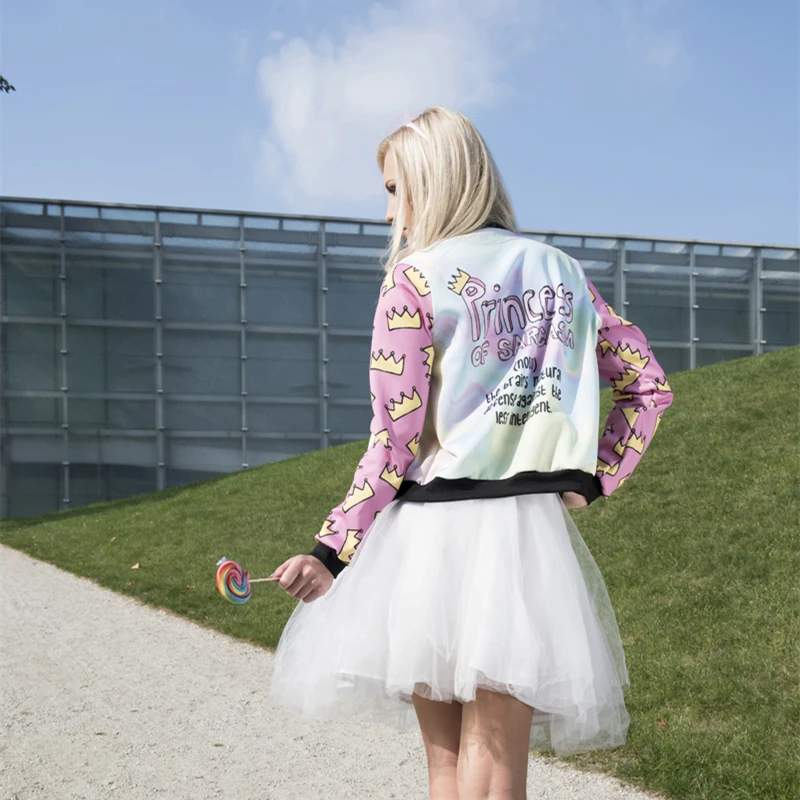 Koop Hot koop Brand Vrouwen Bomber Jacket 3D Gedrukt Prinses Kroon Uitloper Jassen University College chaquetas Basic Jassen
