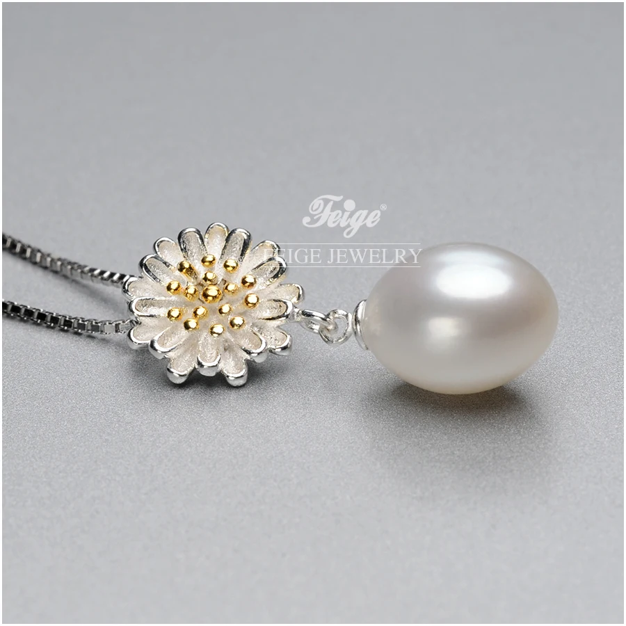 FEIGE 8-9 мм рисовая форма белый натуральный пресноводный жемчуг подлинный 925 Серебро кулон ожерелье для женщин жемчужные ювелирные изделия