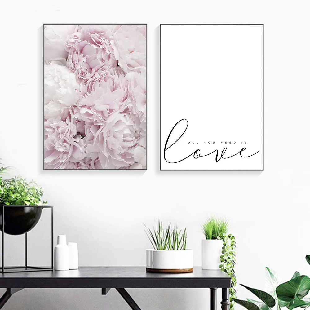 

Pink Flowers Nordic Style Poster Love Quote Floral Print Wall Art Canvas Panting Scandinavian Decoration Picture for Living Room
