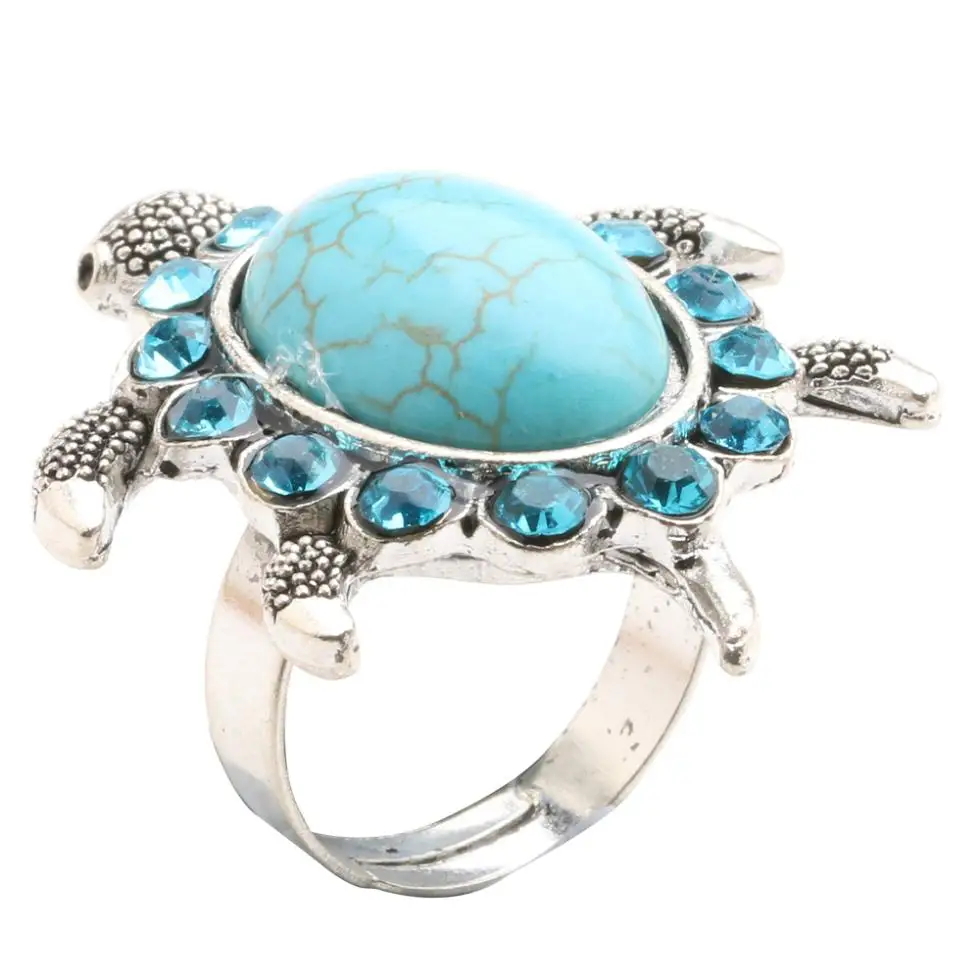 

2017 BONLAVIE Vintage Rings For Women Turtle Shape And Crystal Mosaic Green Stone Ring Female Finger Ring