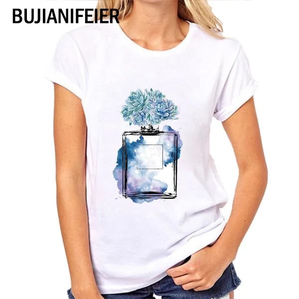 

BUJIANIFEIER NEW 2019 SUMMER Fashion girl Perfume print white Short Sleeve Female T-shirts BJN129