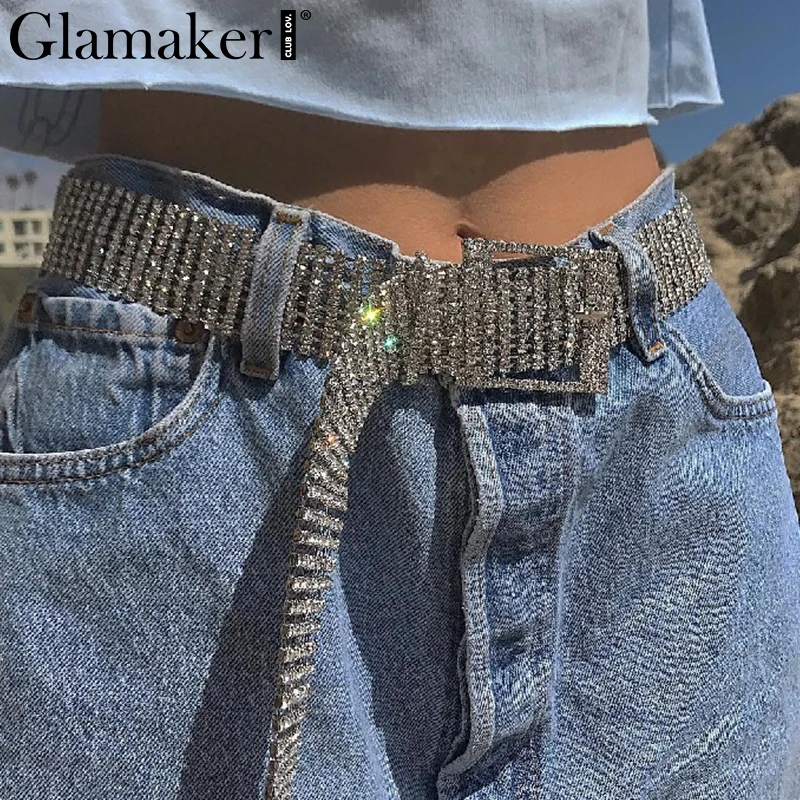Glamaker серебряные блестящие бриллиантовые сексуальные ремни широкие пояса для вечерние Клубные тонкие женские пояса пояс-кушак роскошный