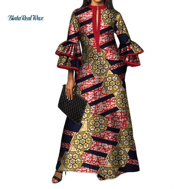 Новое длинное платье с принтом в африканском стиле для женщин Bazin Riche, хлопок, платья с оборками и рукавами, одежда в африканском стиле WY3472 - Цвет: 9