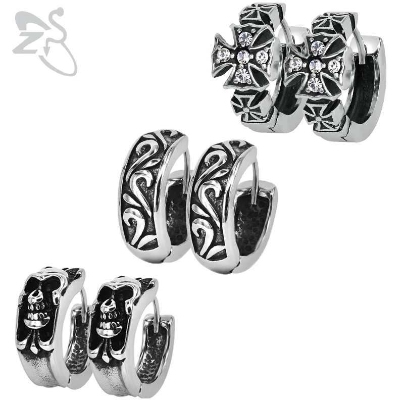 

ZS Punk Small Hoop Earrings Skull Cross Stainless Steel Jewelry for Men Hip Hop Circle Cartilage Earring Biker Jewellry 1 Pair
