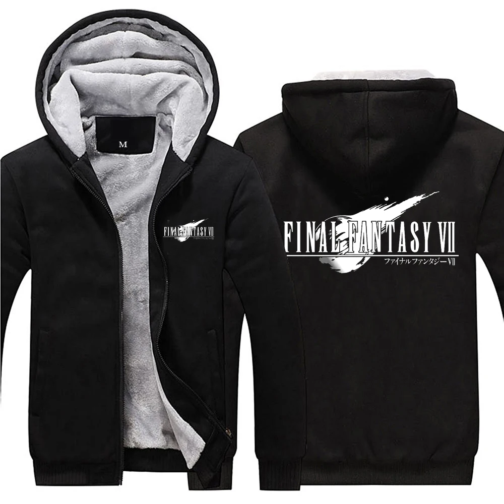 

Game Final Fantasy VII FF7 Logo Shinra RPG Hoodies Zip Up Black Hooded Winter Super Warm Fleece Sweatshirts Coats Outwears