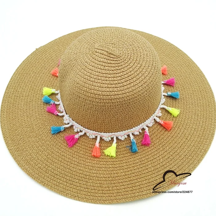 

Women's Wide Brim Caps Foldable Tassels Summer Beach Sun Straw Hats Candy Color Elegant Women Hot Sale