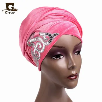 

5pieces/Wholesale New Women Gorgeous Embellished Sequined Long Velvet Turban Hijab Headscarf Luxurious Head Wraps Turbante