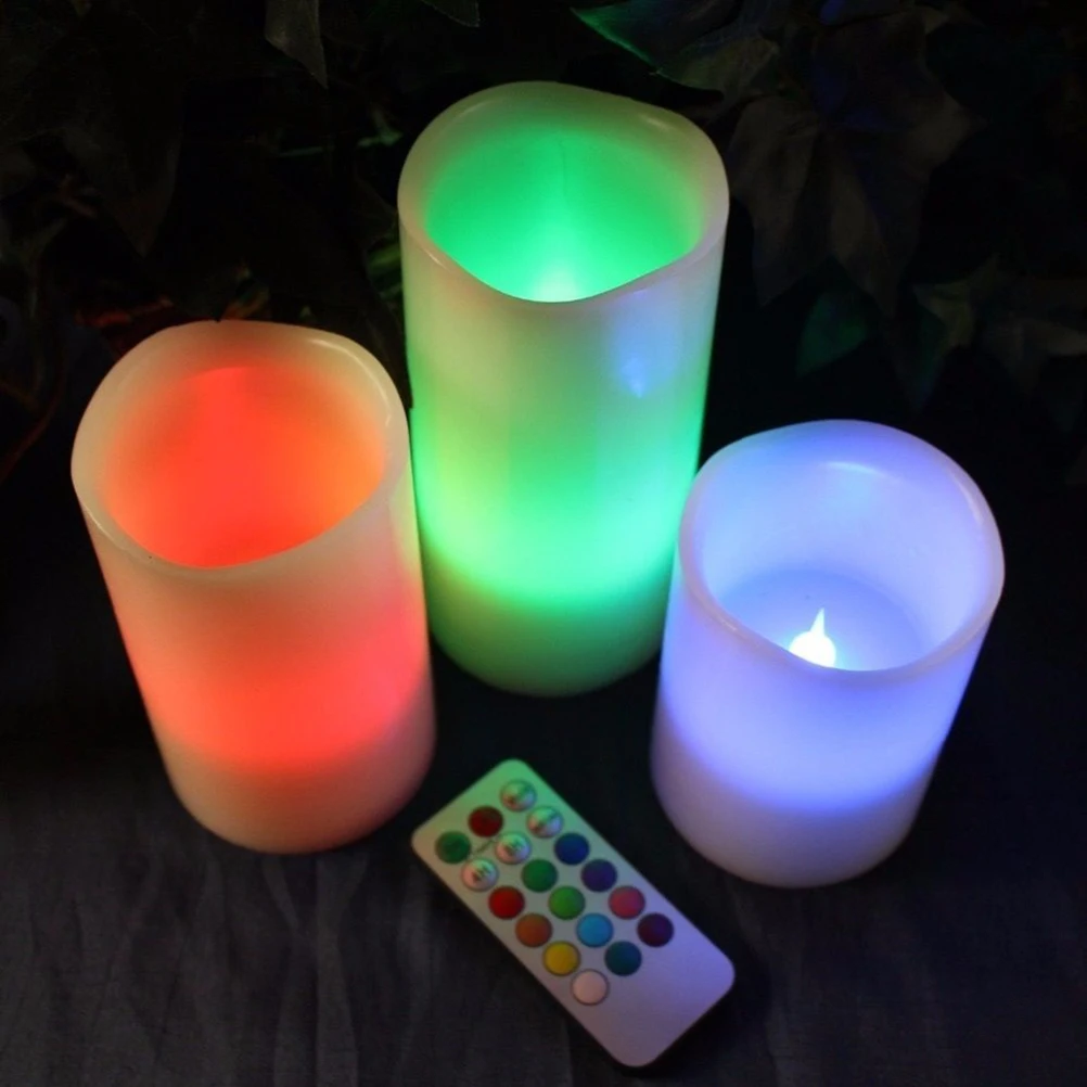 3Pcs new Flameless LED Pillar Candle Cup Remote Control Changed Color